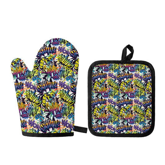 Graffiti Text Pattern Print Oven Mitt And Pot Holder Set