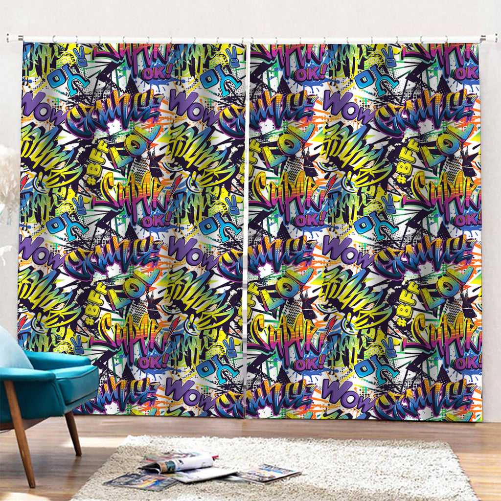 Graffiti Text Pattern Print Pencil Pleat Curtains