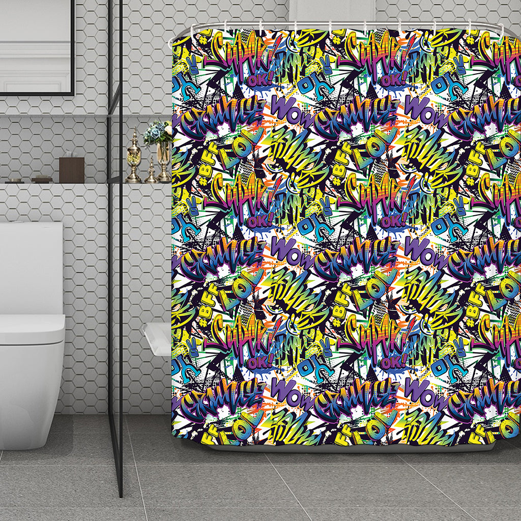 Graffiti Text Pattern Print Polyester Shower Curtain