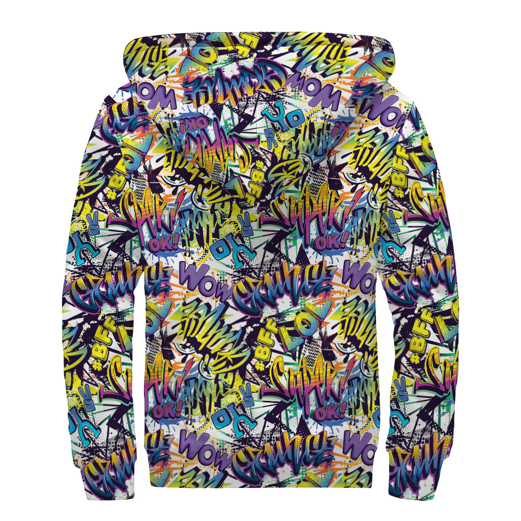 Graffiti Text Pattern Print Sherpa Lined Zip Up Hoodie