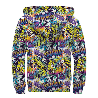 Graffiti Text Pattern Print Sherpa Lined Zip Up Hoodie