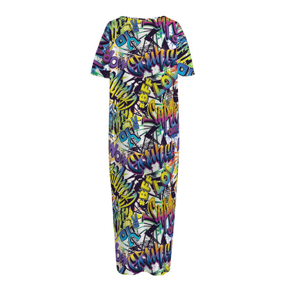 Graffiti Text Pattern Print Short Sleeve Long Nightdress