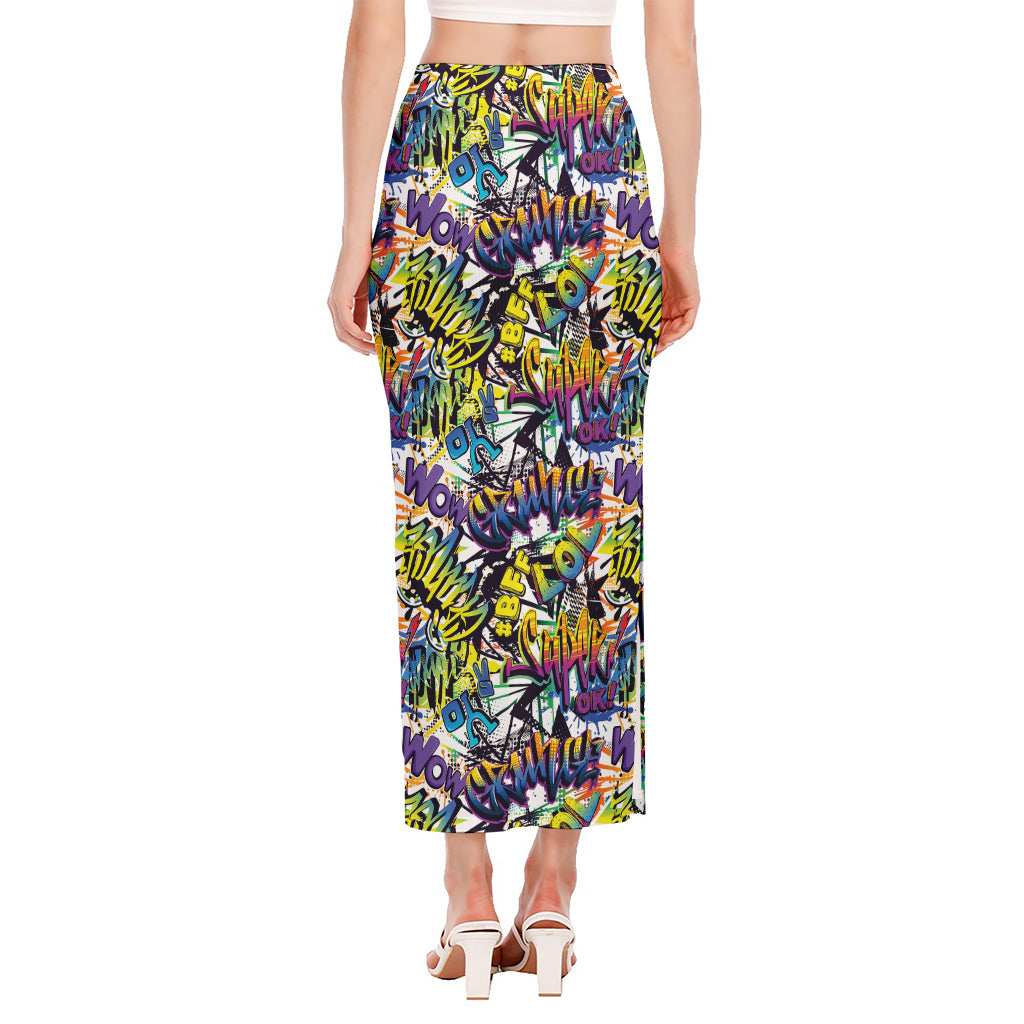 Graffiti Text Pattern Print Side Slit Maxi Skirt