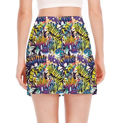 Graffiti Text Pattern Print Side Slit Mini Skirt
