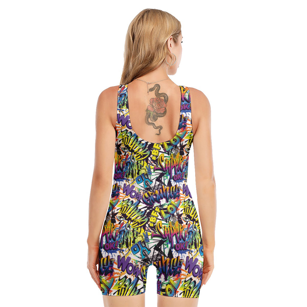 Graffiti Text Pattern Print Sleeveless One Piece Swimsuit