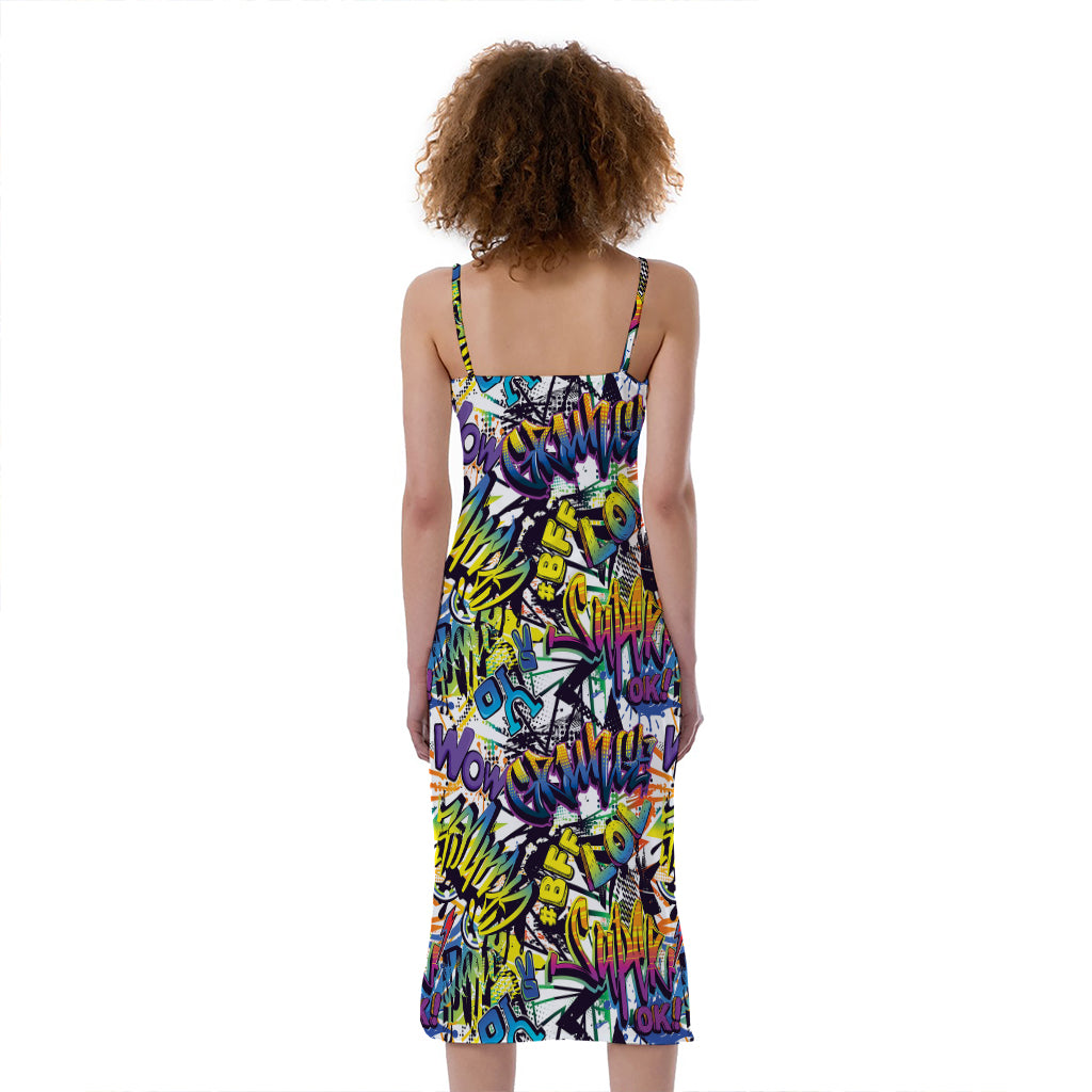 Graffiti Text Pattern Print Slim Fit Midi Cami Dress