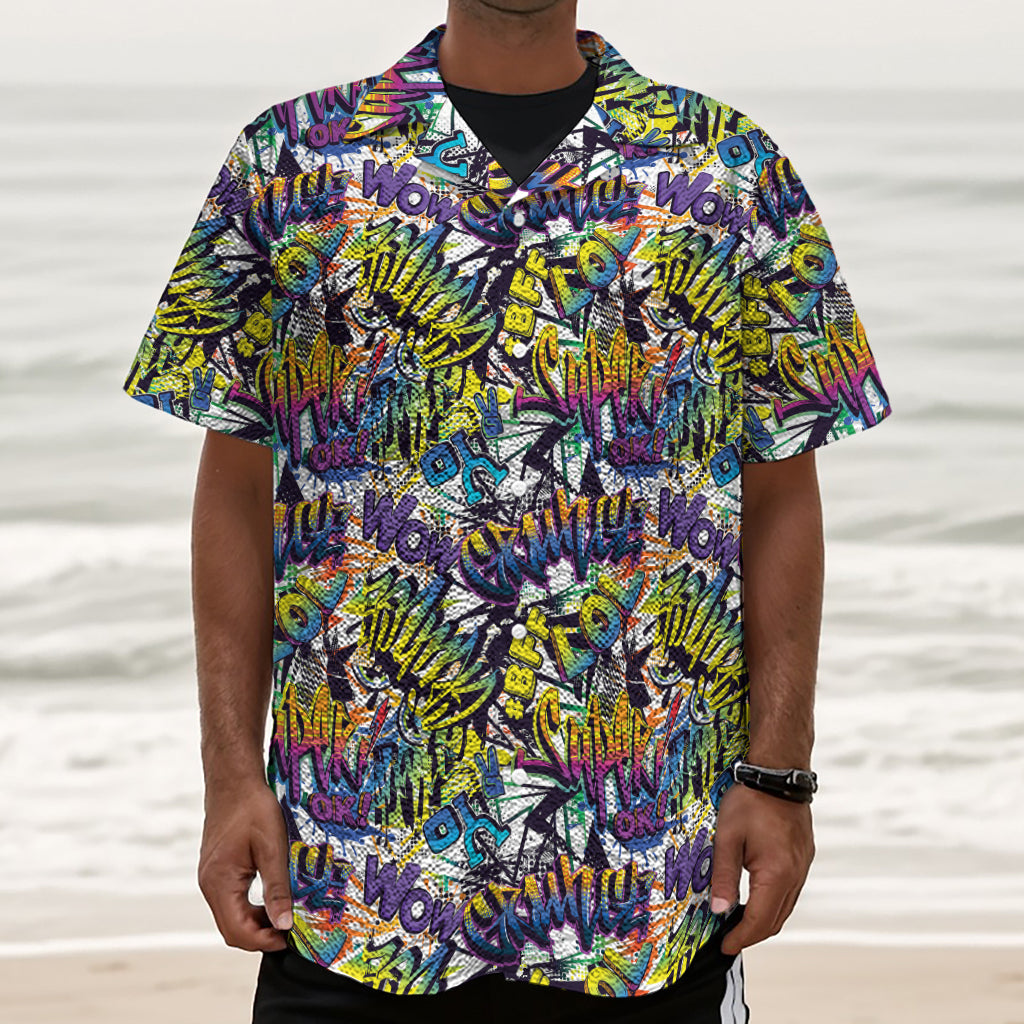 Graffiti Text Pattern Print Textured Short Sleeve Shirt