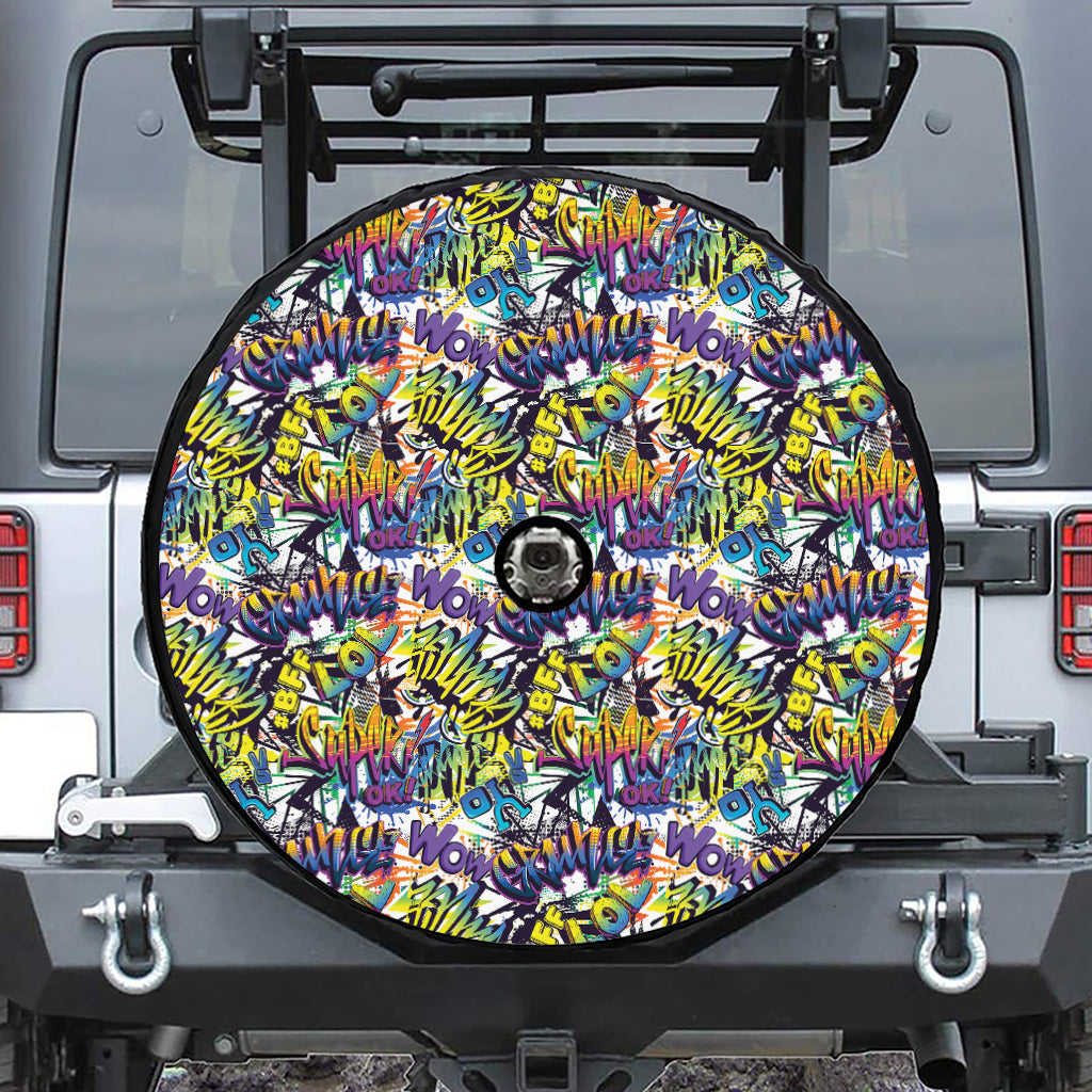 Graffiti Text Pattern Print Tire Cover With Camera Hole
