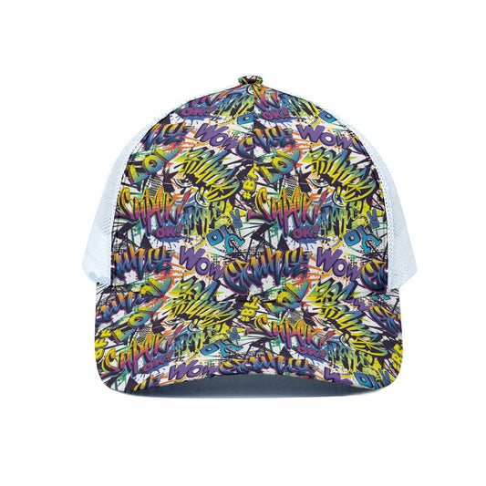 Graffiti Text Pattern Print White Mesh Trucker Cap