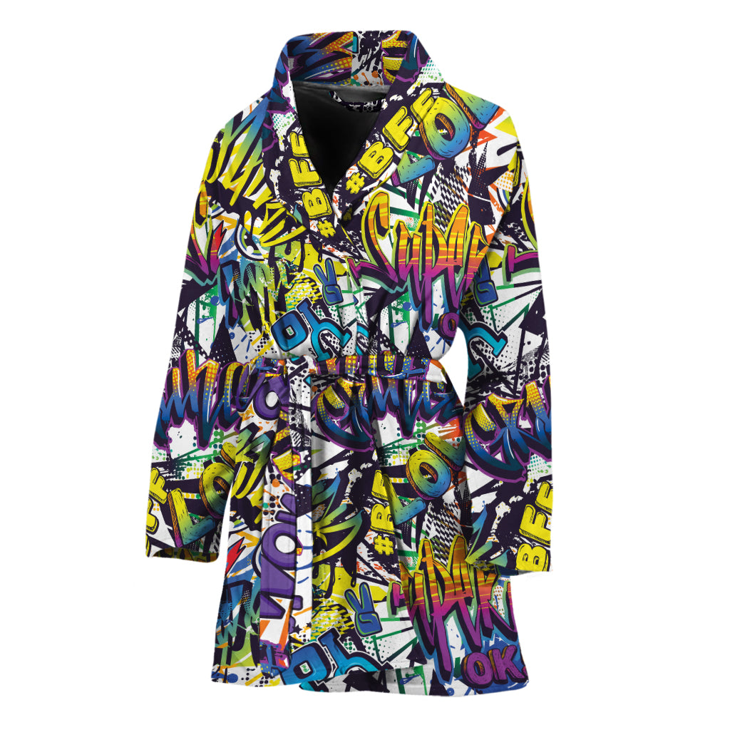 Graffiti Text Pattern Print Women's Bathrobe