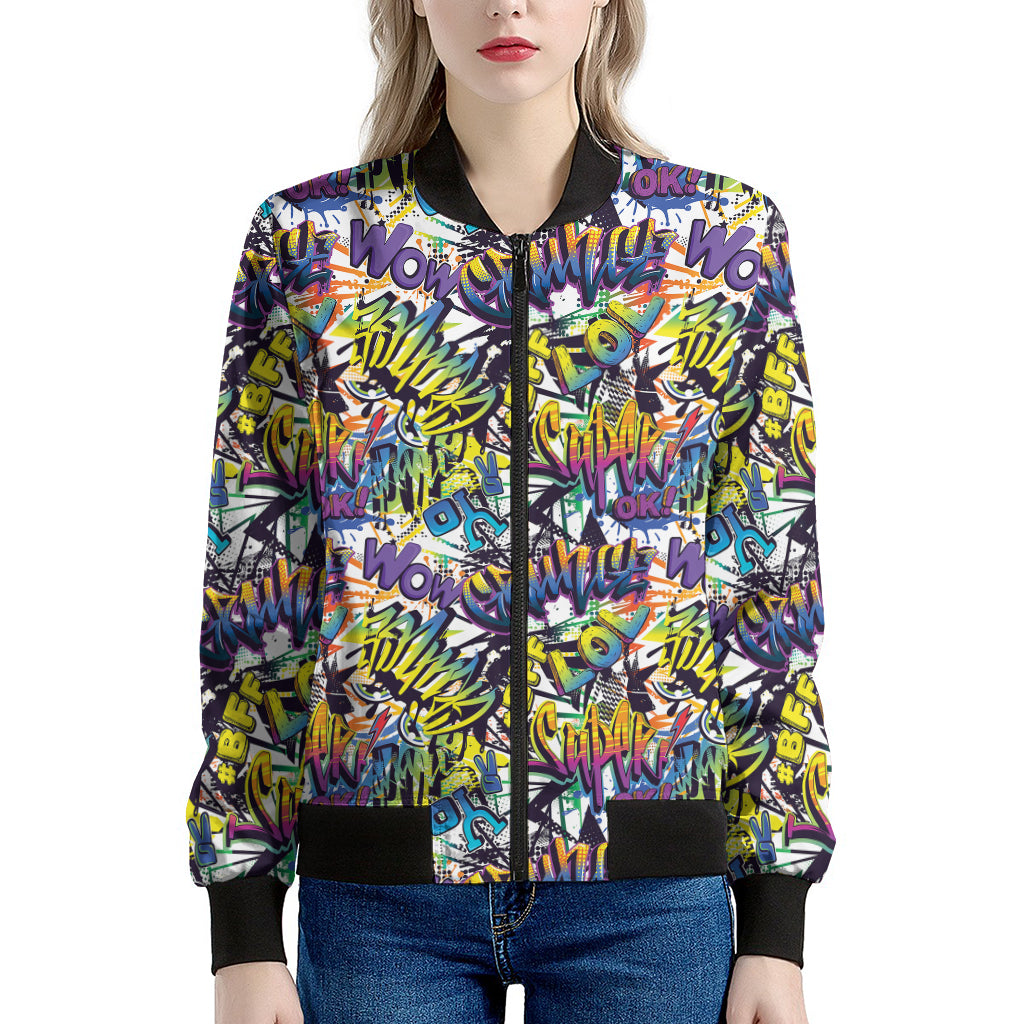 Graffiti Text Pattern Print Women's Bomber Jacket
