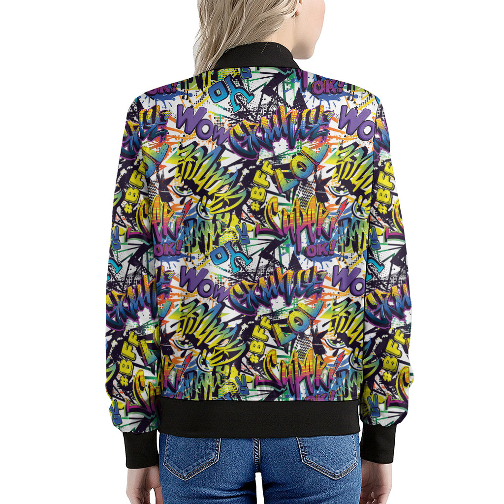 Graffiti Text Pattern Print Women's Bomber Jacket