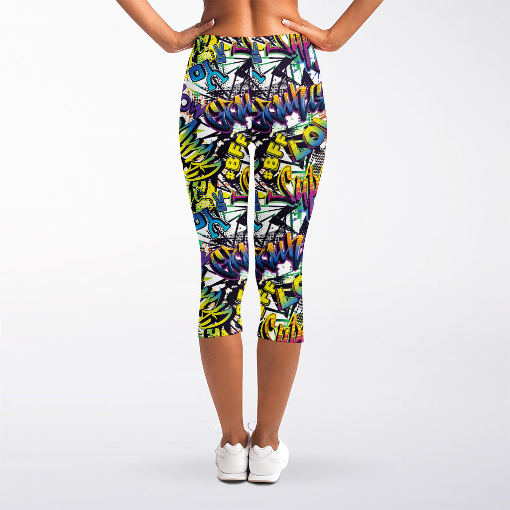 Graffiti Text Pattern Print Women's Capri Leggings