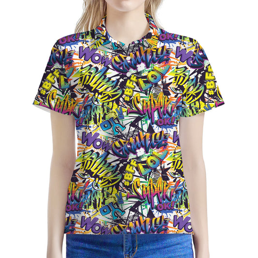 Graffiti Text Pattern Print Women's Polo Shirt