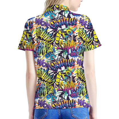Graffiti Text Pattern Print Women's Polo Shirt