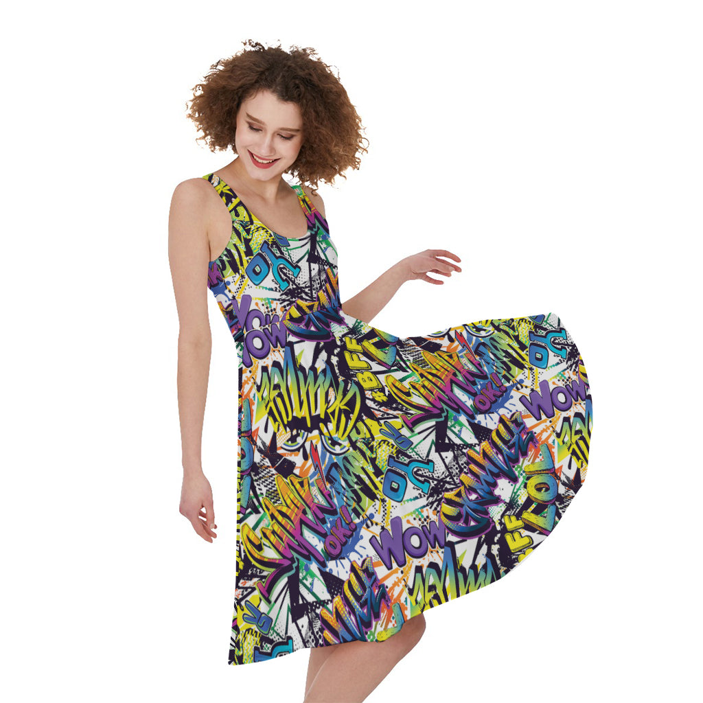 Graffiti Text Pattern Print Women's Sleeveless Dress