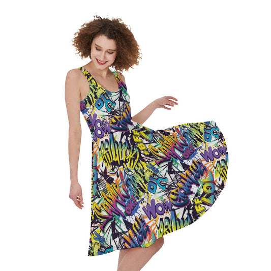 Graffiti Text Pattern Print Women's Sleeveless Dress