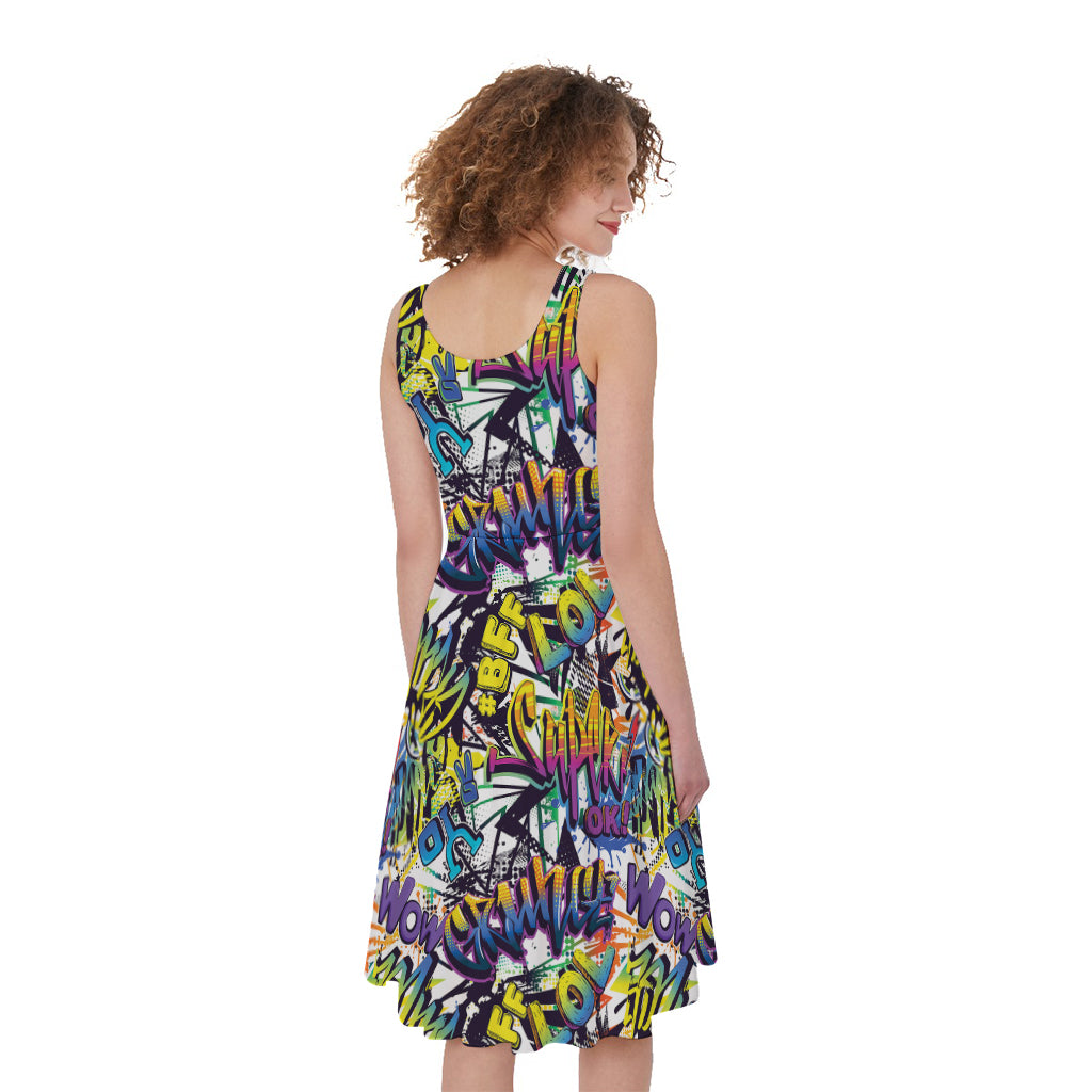 Graffiti Text Pattern Print Women's Sleeveless Dress