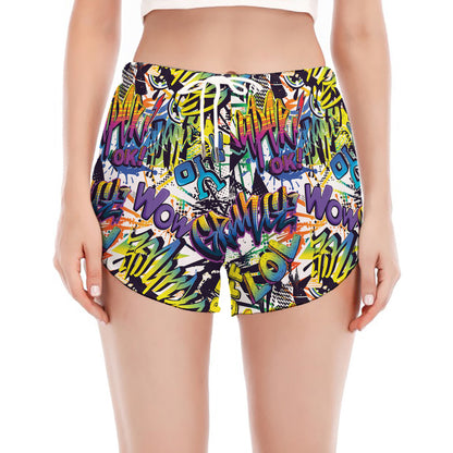 Graffiti Text Pattern Print Women's Split Running Shorts