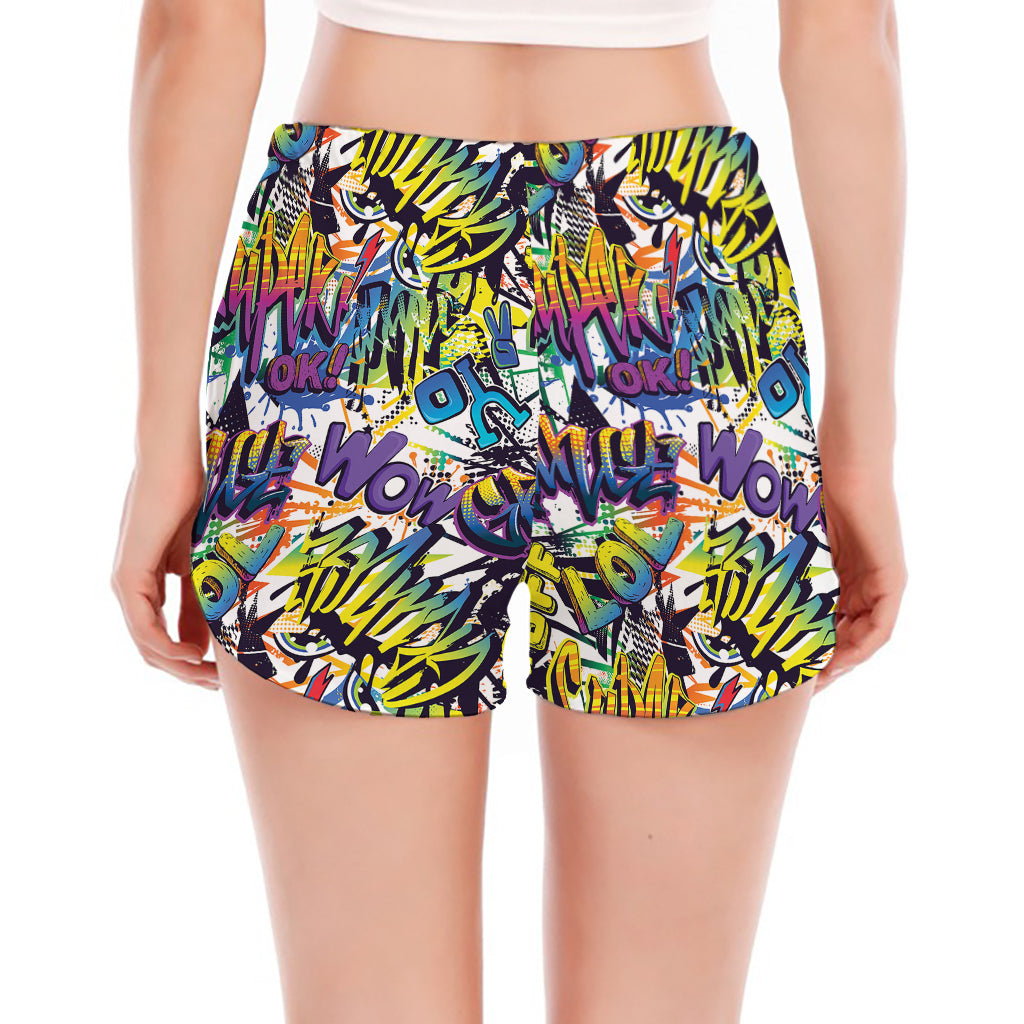 Graffiti Text Pattern Print Women's Split Running Shorts