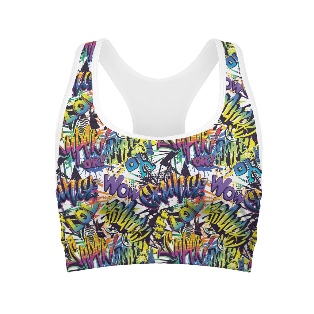 Graffiti Text Pattern Print Women's Sports Bra