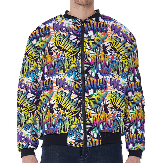 Graffiti Text Pattern Print Zip Sleeve Bomber Jacket