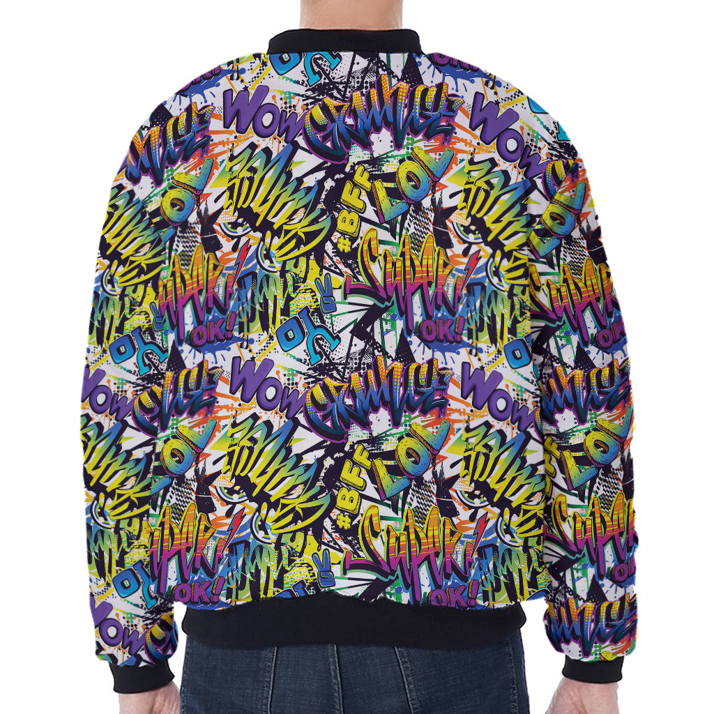 Graffiti Text Pattern Print Zip Sleeve Bomber Jacket