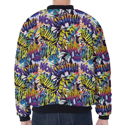 Graffiti Text Pattern Print Zip Sleeve Bomber Jacket