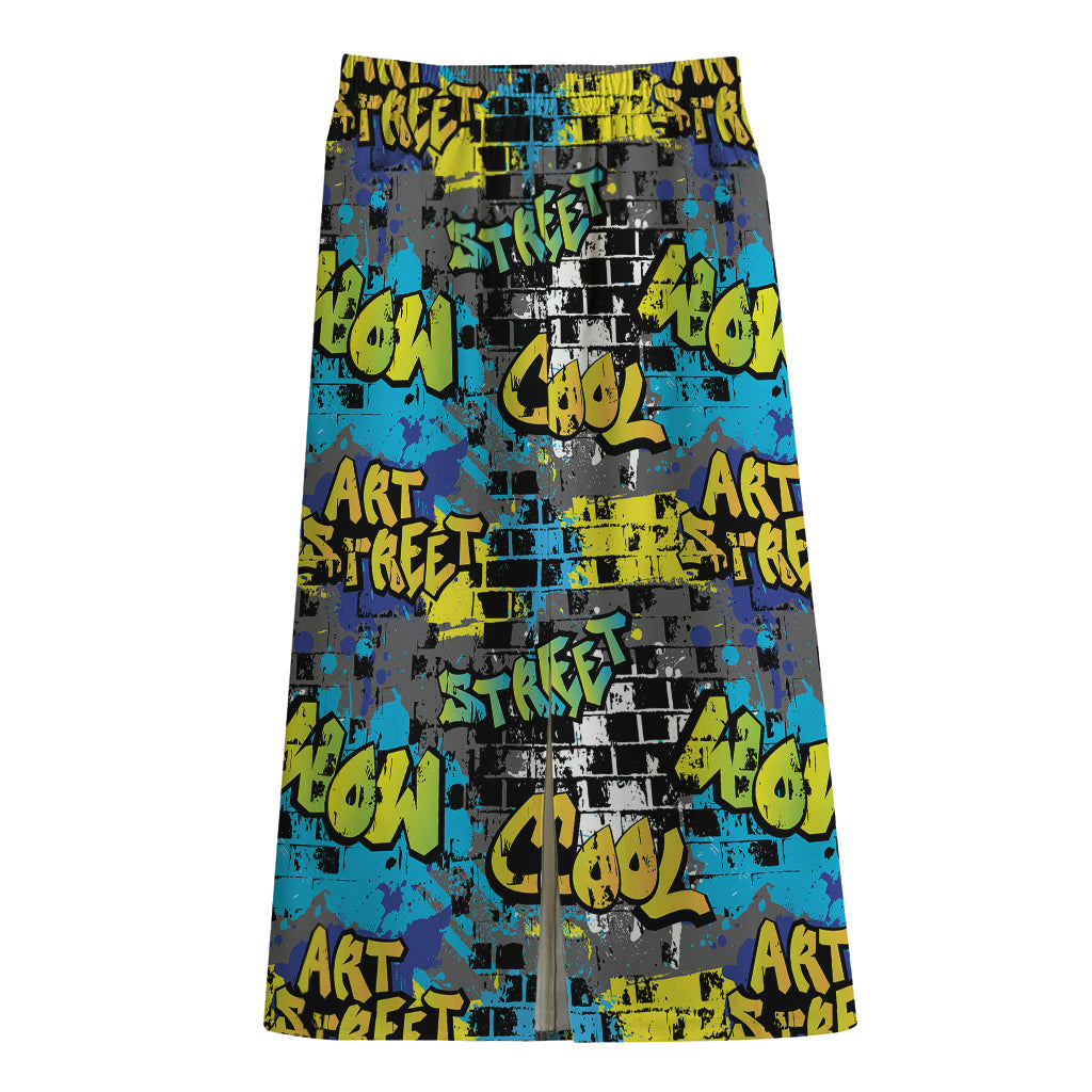 Graffiti Wall Print Cotton Front Slit Maxi Skirt