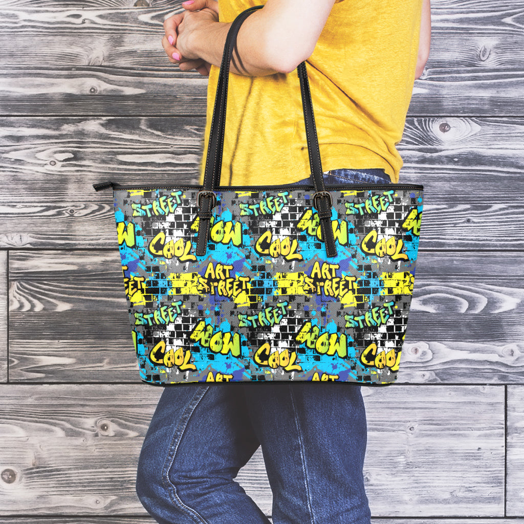Graffiti Wall Print Leather Tote Bag