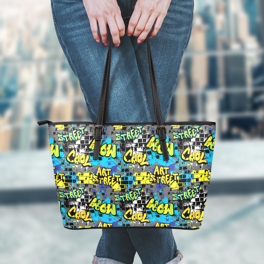 Graffiti Wall Print Leather Tote Bag