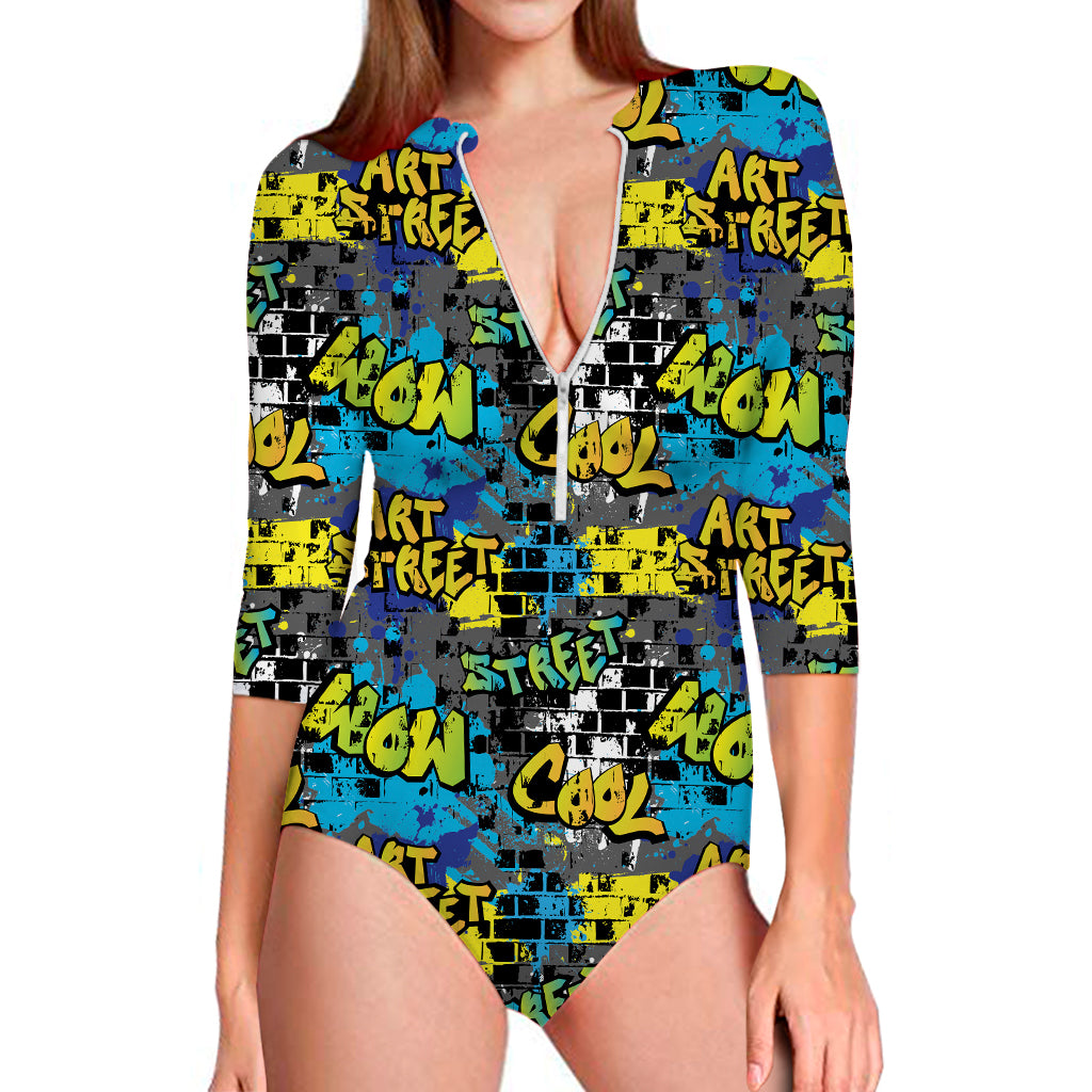 Graffiti Wall Print Long Sleeve Swimsuit