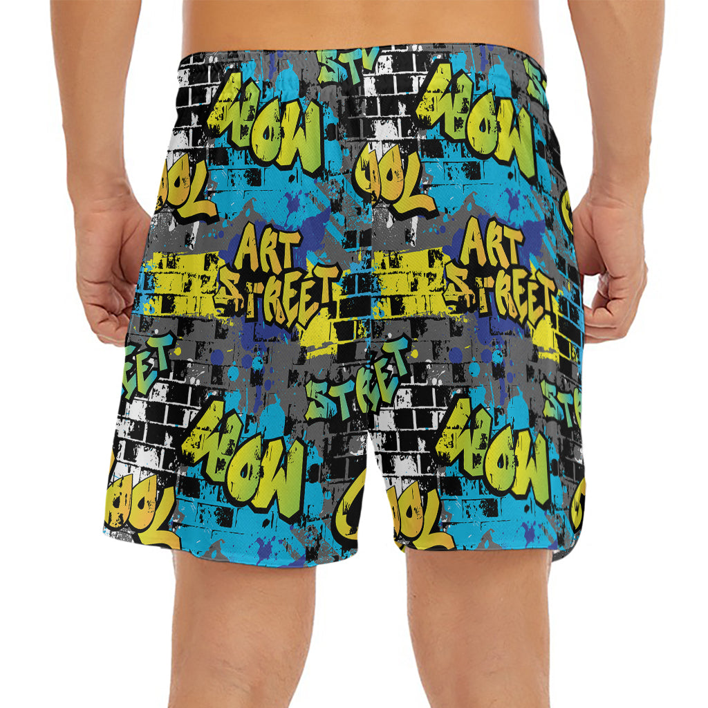 Graffiti Wall Print Men's Split Running Shorts