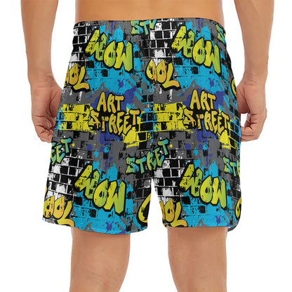 Graffiti Wall Print Men's Split Running Shorts