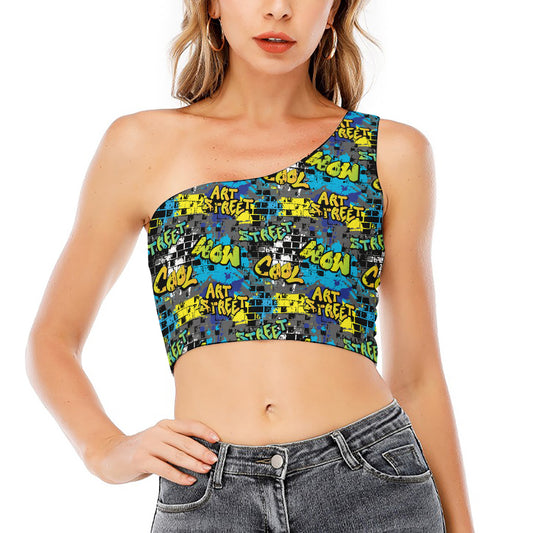 Graffiti Wall Print One Shoulder Crop Top
