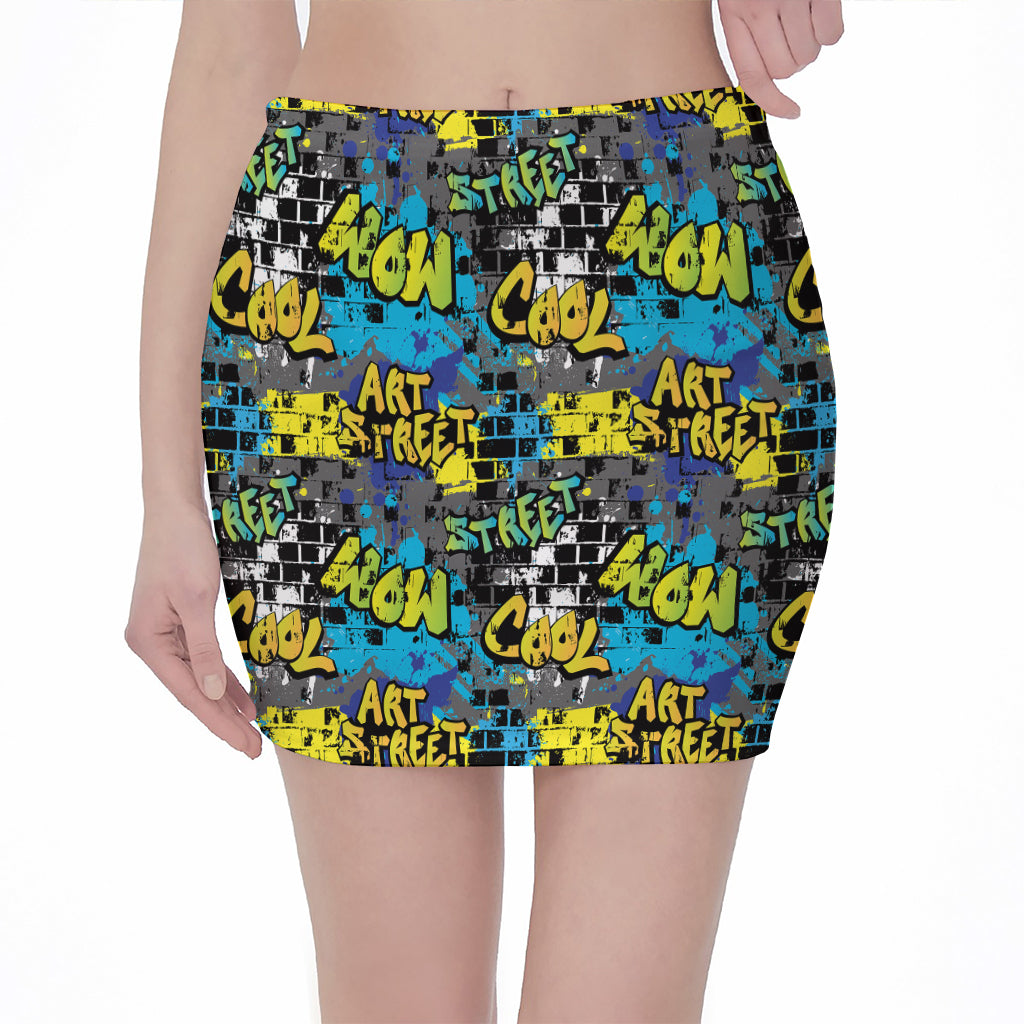 Graffiti Wall Print Pencil Mini Skirt