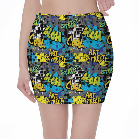 Graffiti Wall Print Pencil Mini Skirt