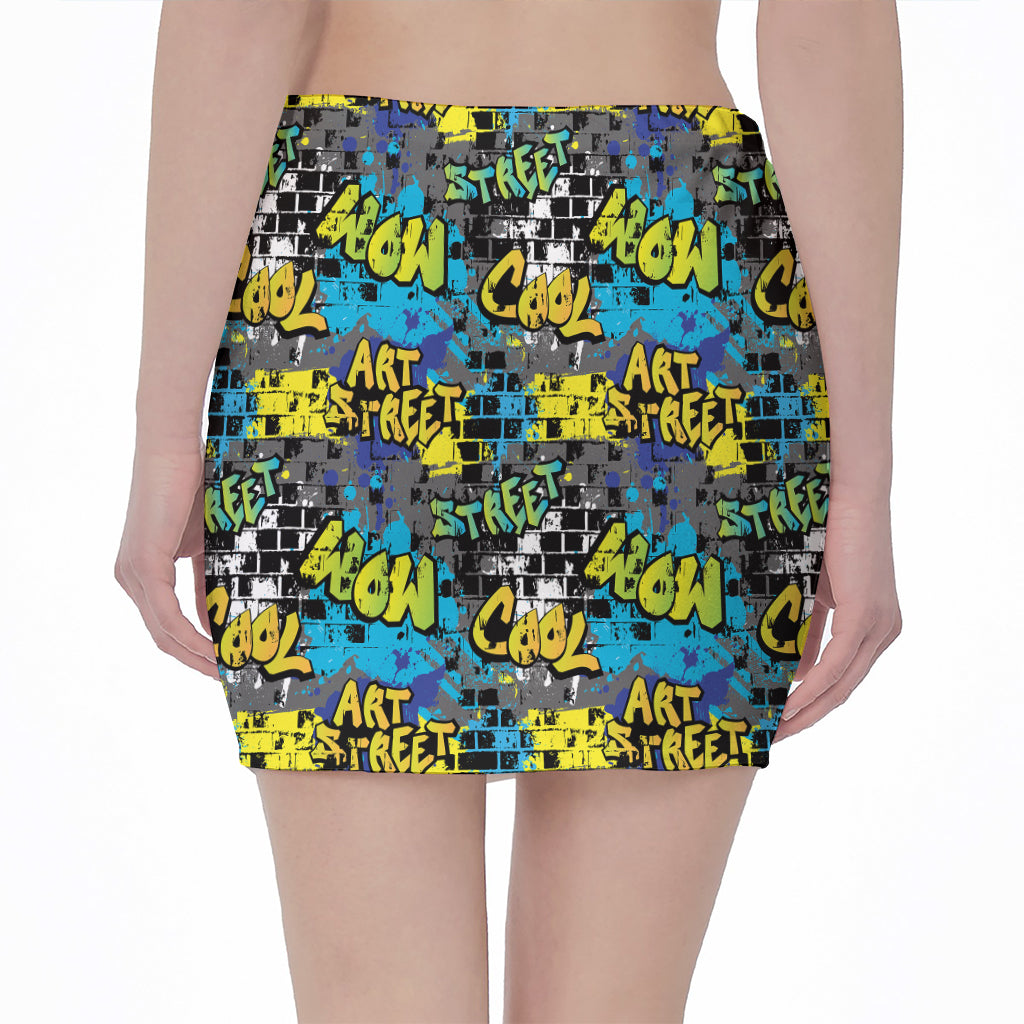 Graffiti Wall Print Pencil Mini Skirt