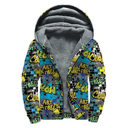 Graffiti Wall Print Sherpa Lined Zip Up Hoodie