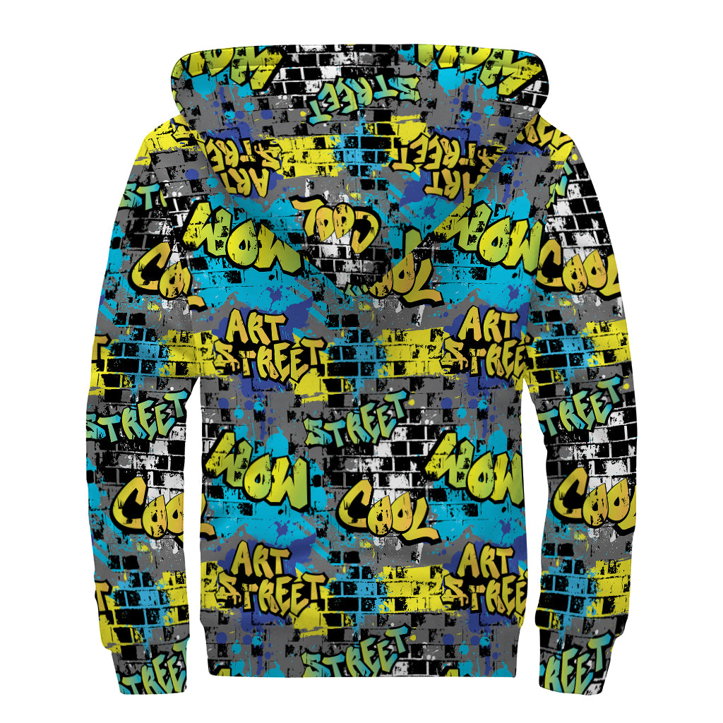 Graffiti Wall Print Sherpa Lined Zip Up Hoodie