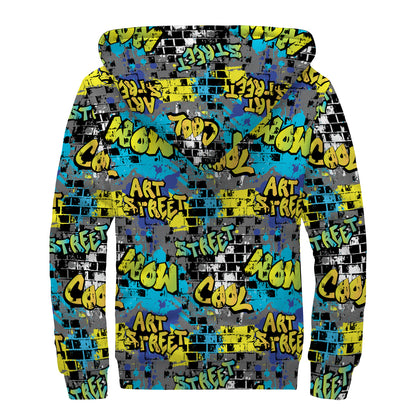 Graffiti Wall Print Sherpa Lined Zip Up Hoodie