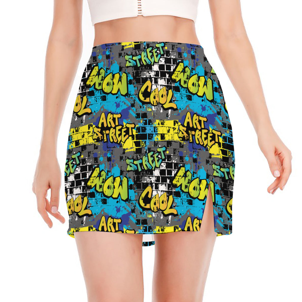 Graffiti Wall Print Side Slit Mini Skirt