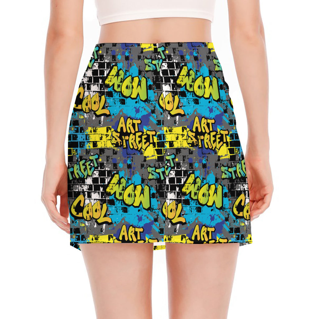 Graffiti Wall Print Side Slit Mini Skirt