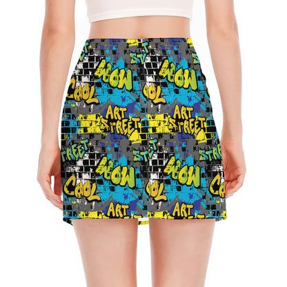 Graffiti Wall Print Side Slit Mini Skirt