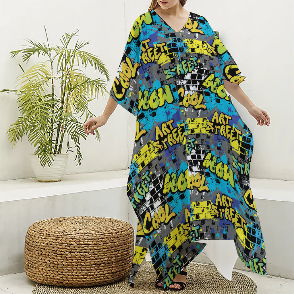 Graffiti Wall Print Silk V-Neck Kaftan Dress