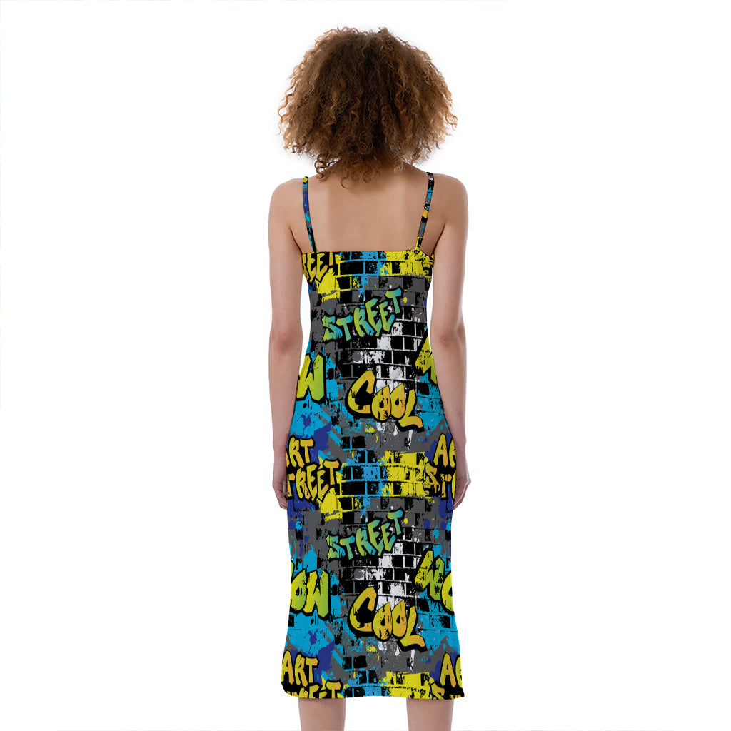 Graffiti Wall Print Slim Fit Midi Cami Dress