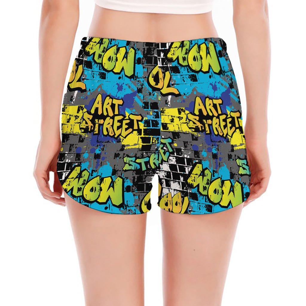 Graffiti Wall Print Women's Split Running Shorts