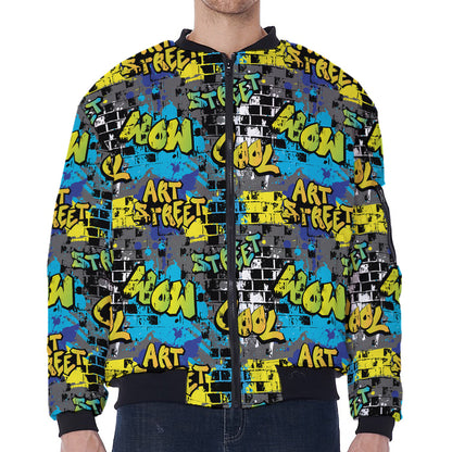Graffiti Wall Print Zip Sleeve Bomber Jacket