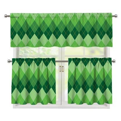 Grass Green Argyle Pattern Print 3 Piece Kitchen Curtains