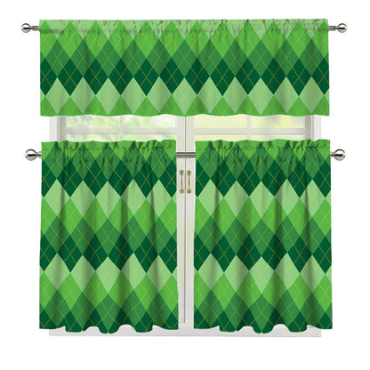 Grass Green Argyle Pattern Print 3 Piece Kitchen Curtains